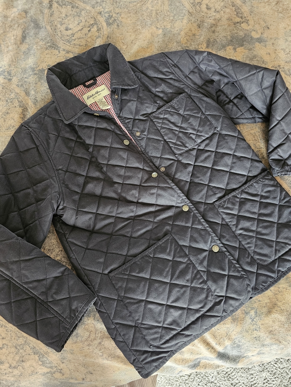 Barn Jacket Black Eddie Bauer QuiltedRed Gingham Lined Coat Size M